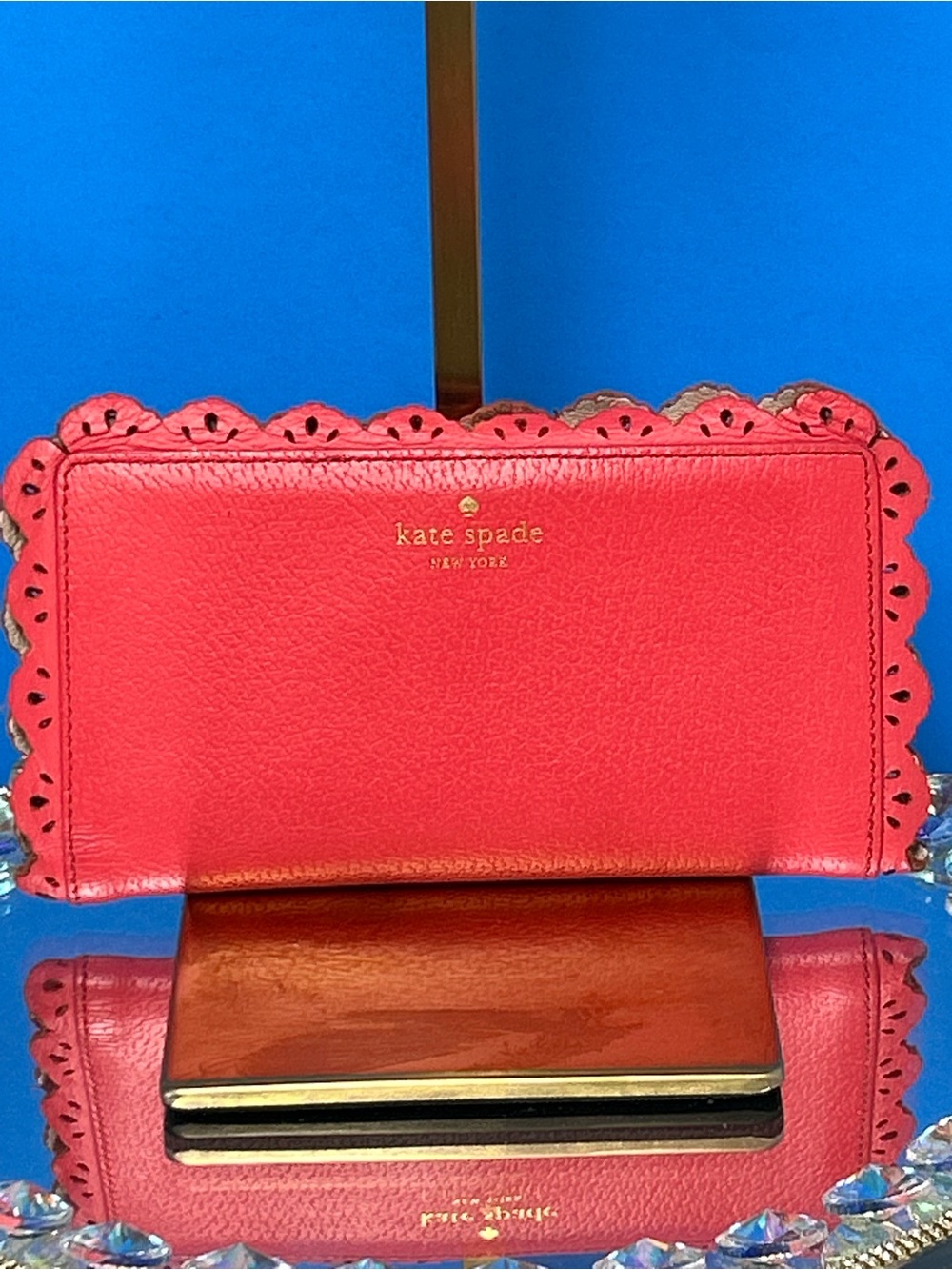 Kate Spade Scalloped Edge Wallet in Bright Coral Red Approx. 7.5 x 4